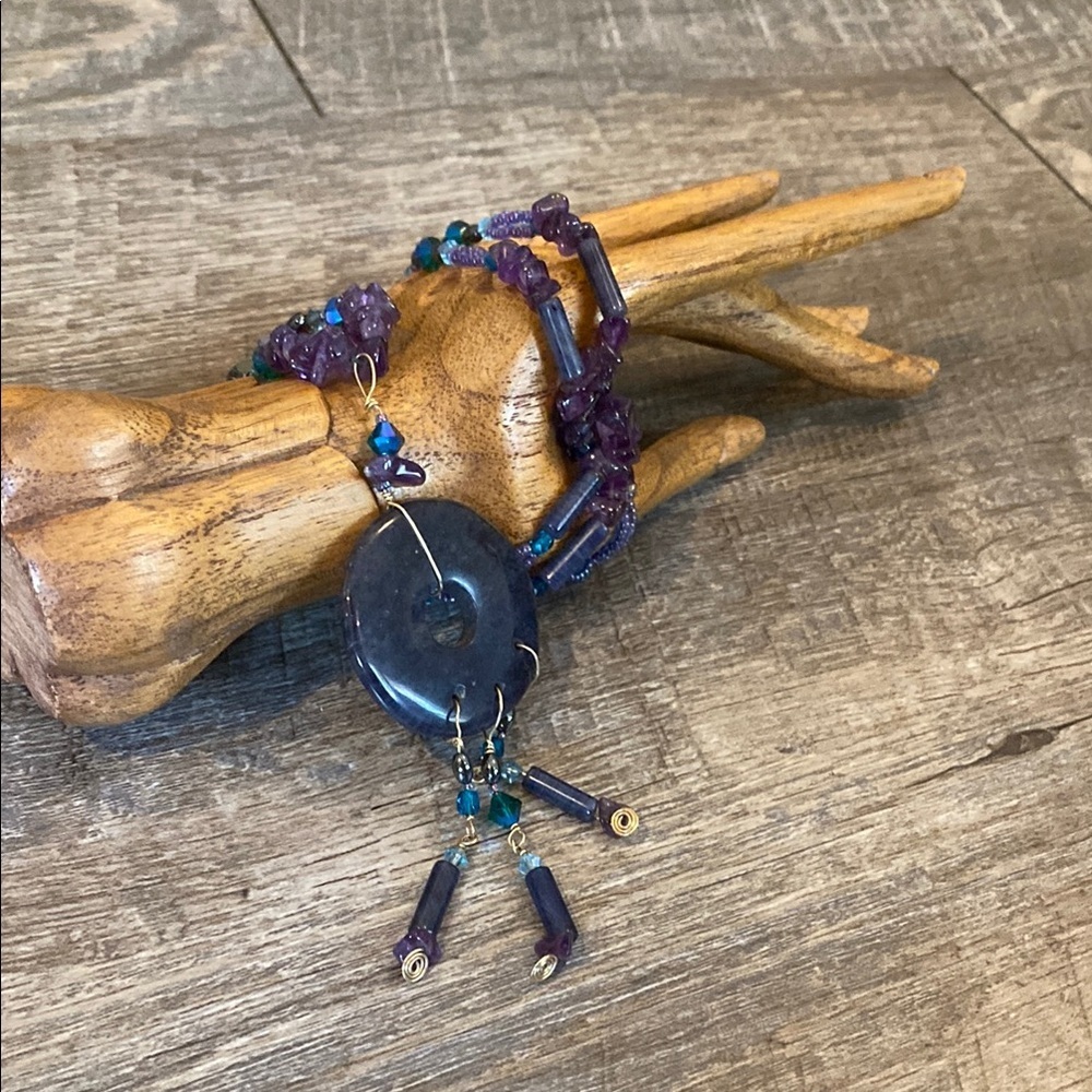 Amethyst Beaded Celestial Inspired Handmade Necklace with Circular Pendant - Picture 9 of 16